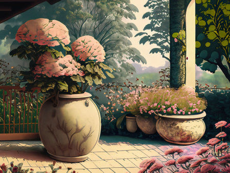 Flowers in a vase on the terrace of the houseの素材