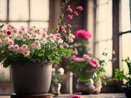 Flowers in a vase on the windowsill, vintage styleの素材
