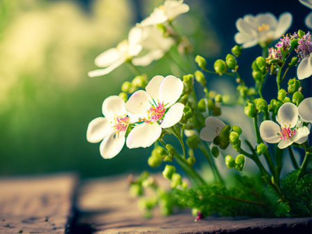 Beautiful spring flowers on a wooden table in the garden. Selective focus.の素材