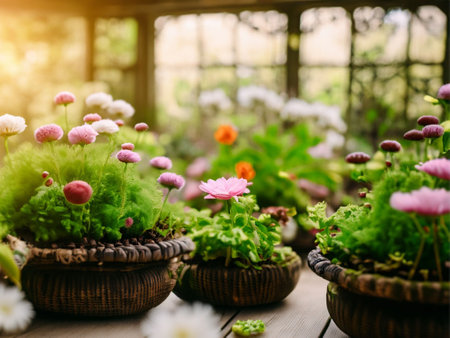 Colorful flowers in small pots on wooden table. Selective focus.の素材