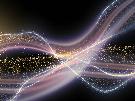 Glowing golden abstract lines with bokeh effect on black backgroundの素材