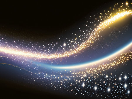 Glowing lines and sparkles on black background. Vector illustration.の素材
