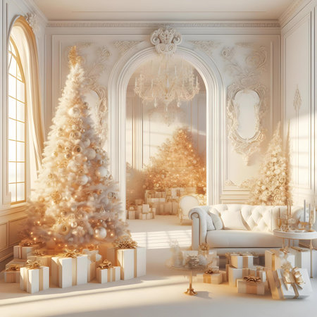 Christmas tree with presents in classic interior. 3d render illustration.の素材