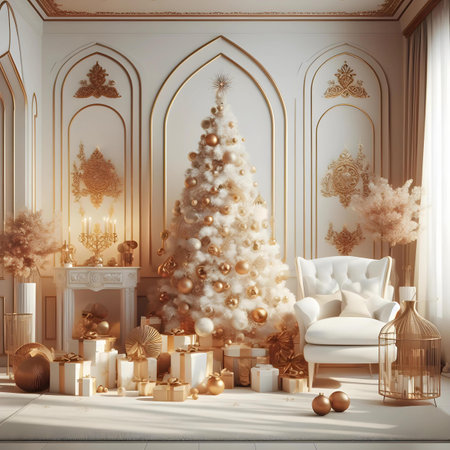 Christmas living room interior with Christmas tree and decorations. 3D rendering.の素材