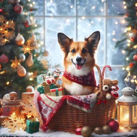 Cute corgi dog in a basket with gifts near the Christmas treeの素材