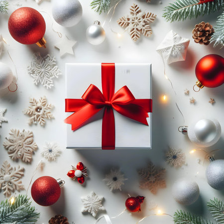 Christmas gift box with red bow and christmas decorations on white backgroundの素材