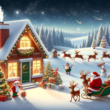 Santa Claus and his reindeer against snowy landscape with fir treesの素材