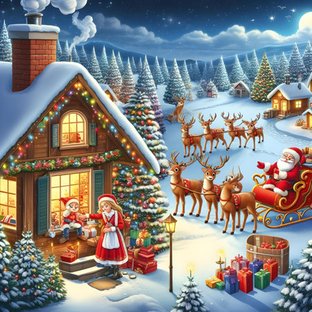Santa Claus with reindeer in the village. Christmas and New Year illustration.の素材