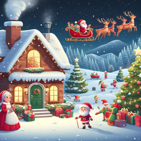 Santa Claus with sleigh and reindeer in front of the houseの素材