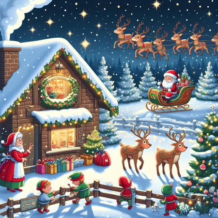 Santa Claus in sleigh with reindeers and gifts on a winter nightの素材