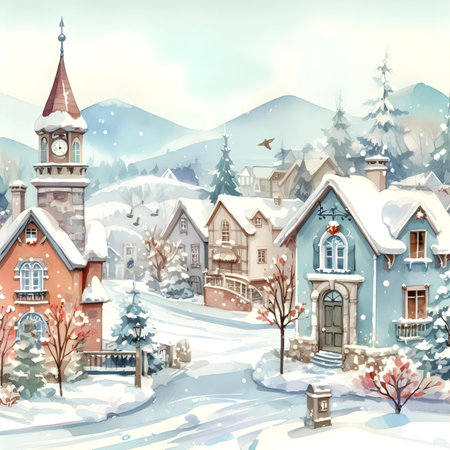 Winter village with snow covered houses and clock tower. Vector illustration.の素材