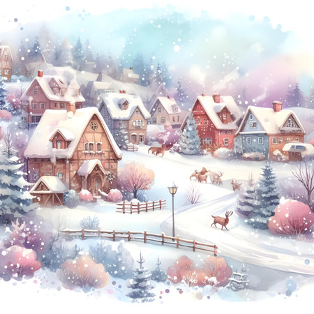 Winter village with snowfall. Watercolor illustration for your design.の素材