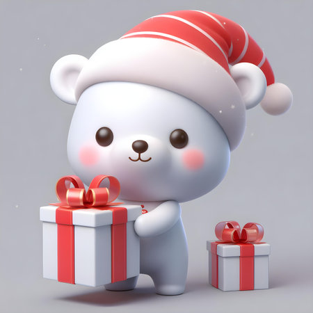 Cute white bear with christmas gifts on gray background. 3D rendering.の素材