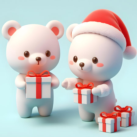 Couple of polar bears with christmas gifts. 3D renderingの素材