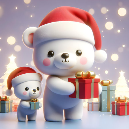 santa claus and cute polar bear with christmas gifts - 3d renderingの素材