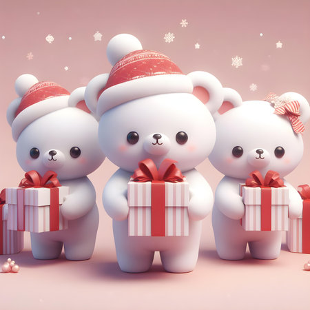 Three cute white bears with red christmas gifts. 3D rendering.の素材