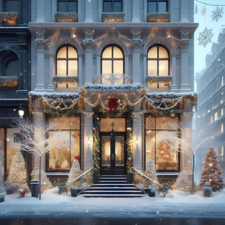 Christmas and New Year decoration on the facade of a building in New York City.の素材