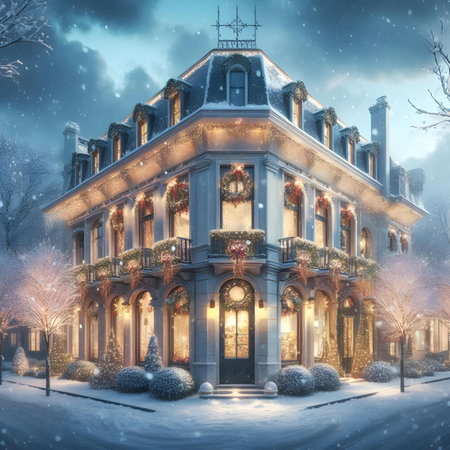 Christmas and New Year holidays background with beautiful old house in the snowの素材