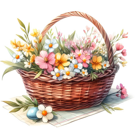 Basket with spring flowers and easter eggs. Vector illustration.の素材