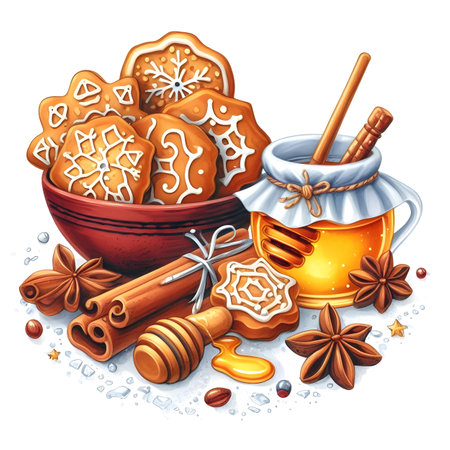 Bowl with honey, cinnamon, star anise and gingerbread cookies. Vector illustration.の素材