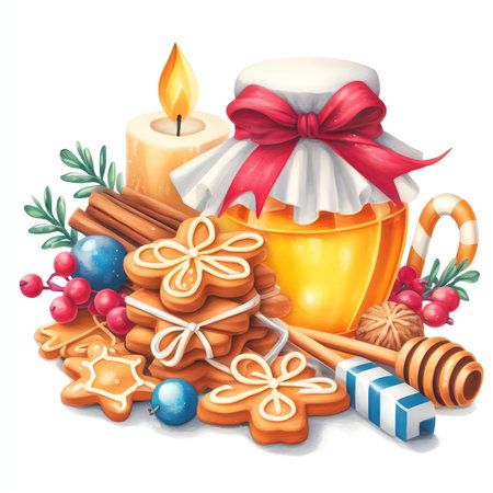 Christmas greeting card with gingerbread cookies, honey and candles. Vector illustration.の素材