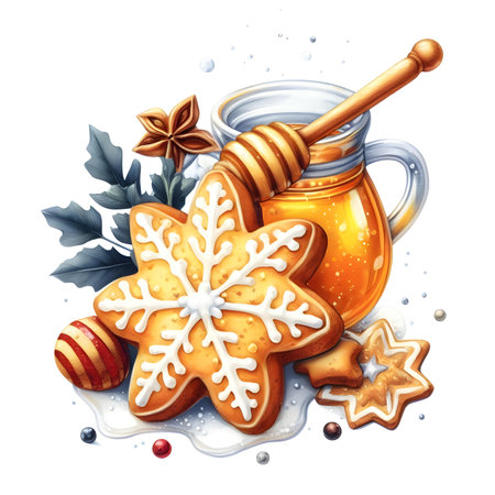 Watercolor illustration of gingerbread cookies, honey, star anise and honeycombsの素材