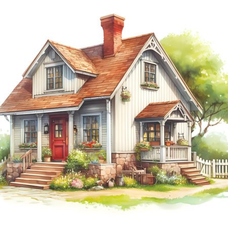 House with wooden porch and lawn. Watercolor hand drawn illustration.の素材