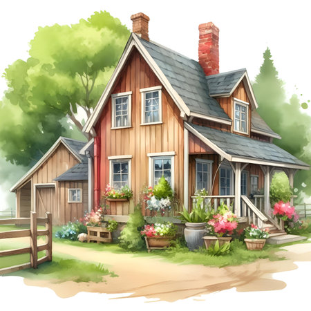 Cottage in the countryside. Watercolor painting. Vector illustration.の素材