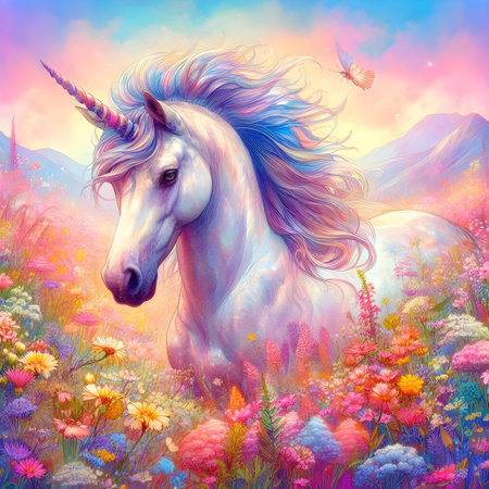 Beautiful unicorn in the meadow with flowers. Digital painting.の素材