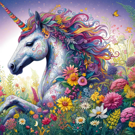 Unicorn in the meadow with flowers. Fantasy illustration.の素材