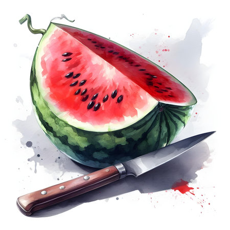 Watermelon and knife. Hand drawn watercolor illustration on white backgroundの素材