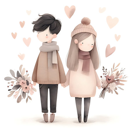 Couple in love with a bouquet of flowers and hearts.の素材