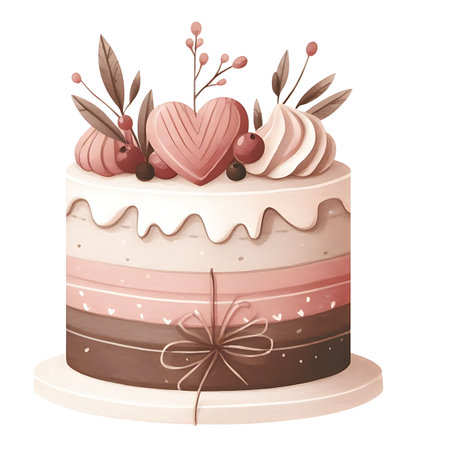Birthday cake with cream, berries and leaves. Vector illustration.の素材