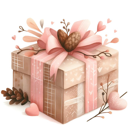 Gift box with pink ribbon and bow. Watercolor illustration.の素材