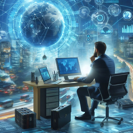 Businessman working with laptop and mobile phone in modern office with world map and iconsの素材