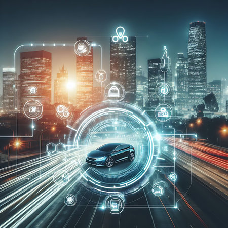 Futuristic smart city with high speed traffic and high-rise buildingsの素材