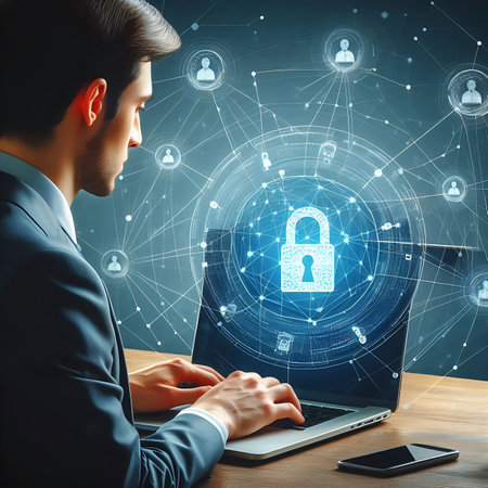 Side view of young businessman working on laptop with padlock hologram on blurry background. Security and protection conceptの素材