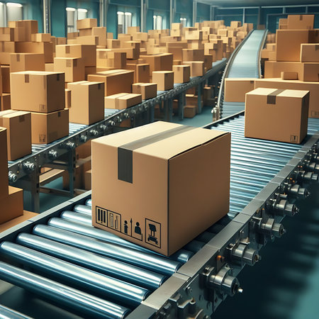 Cardboard boxes on conveyor belt in warehouse. 3D renderingの素材