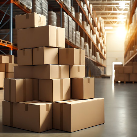 Stack of cardboard boxes in warehouse. 3d rendering. toned imageの素材