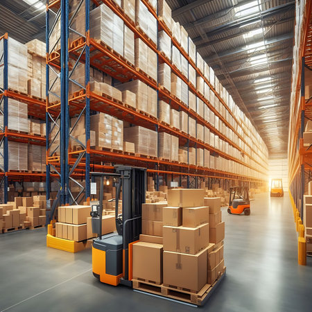 Warehouse interior with shelves and boxes. 3d rendering toned imageの素材