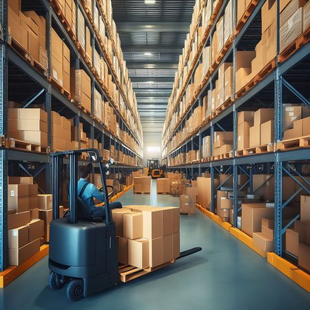 Forklift with boxes in warehouse. Logistics and transportation conceptの素材