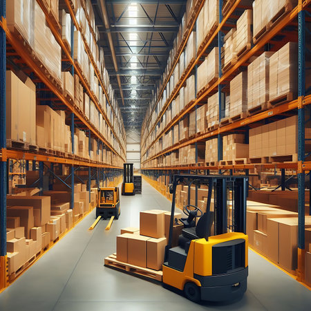 Modern warehouse with forklift and boxes. 3d rendering toned imageの素材