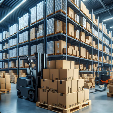 Forklift and boxes in warehouse. 3d rendering toned imageの素材