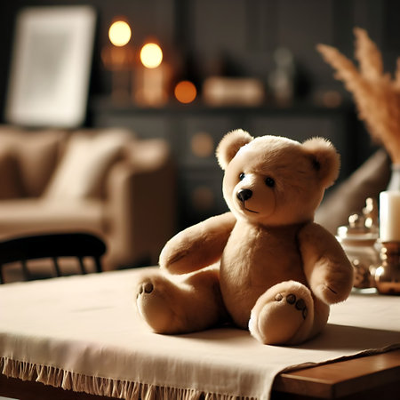 Cute teddy bear sitting on sofa in living room at homeの素材