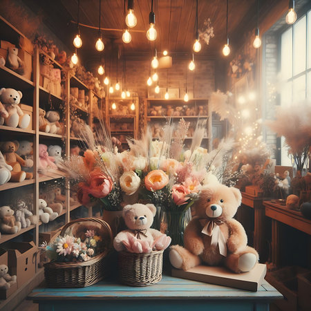 Beautiful bouquet of flowers in basket and teddy bear in the flower shopの素材