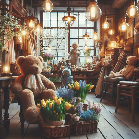 Vintage interior of cozy living room with teddy bear and flowersの素材