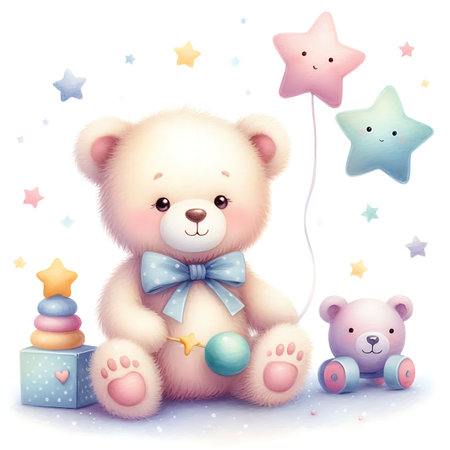 Cute teddy bear with star and toys. Vector illustration.の素材