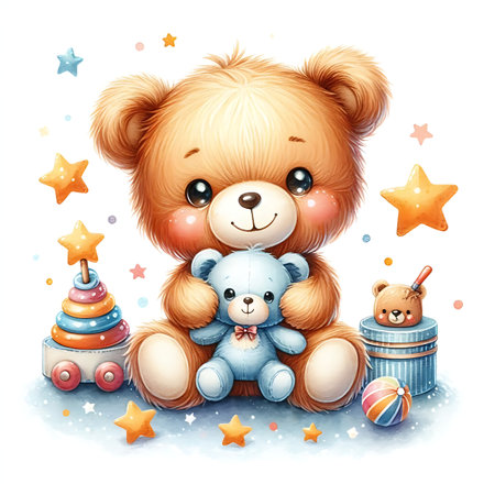 Teddy bear and toys on a white background. Vector illustration.の素材