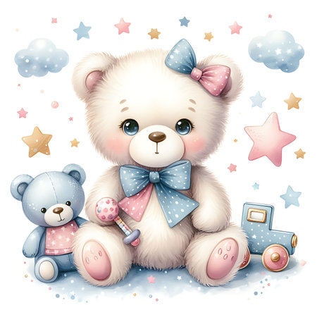 Cute teddy bear sitting on snow with toy car and starの素材
