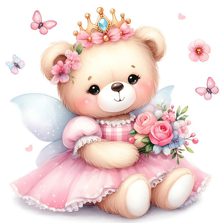 Cute cartoon teddy bear with a crown and a bouquet of flowers.の素材